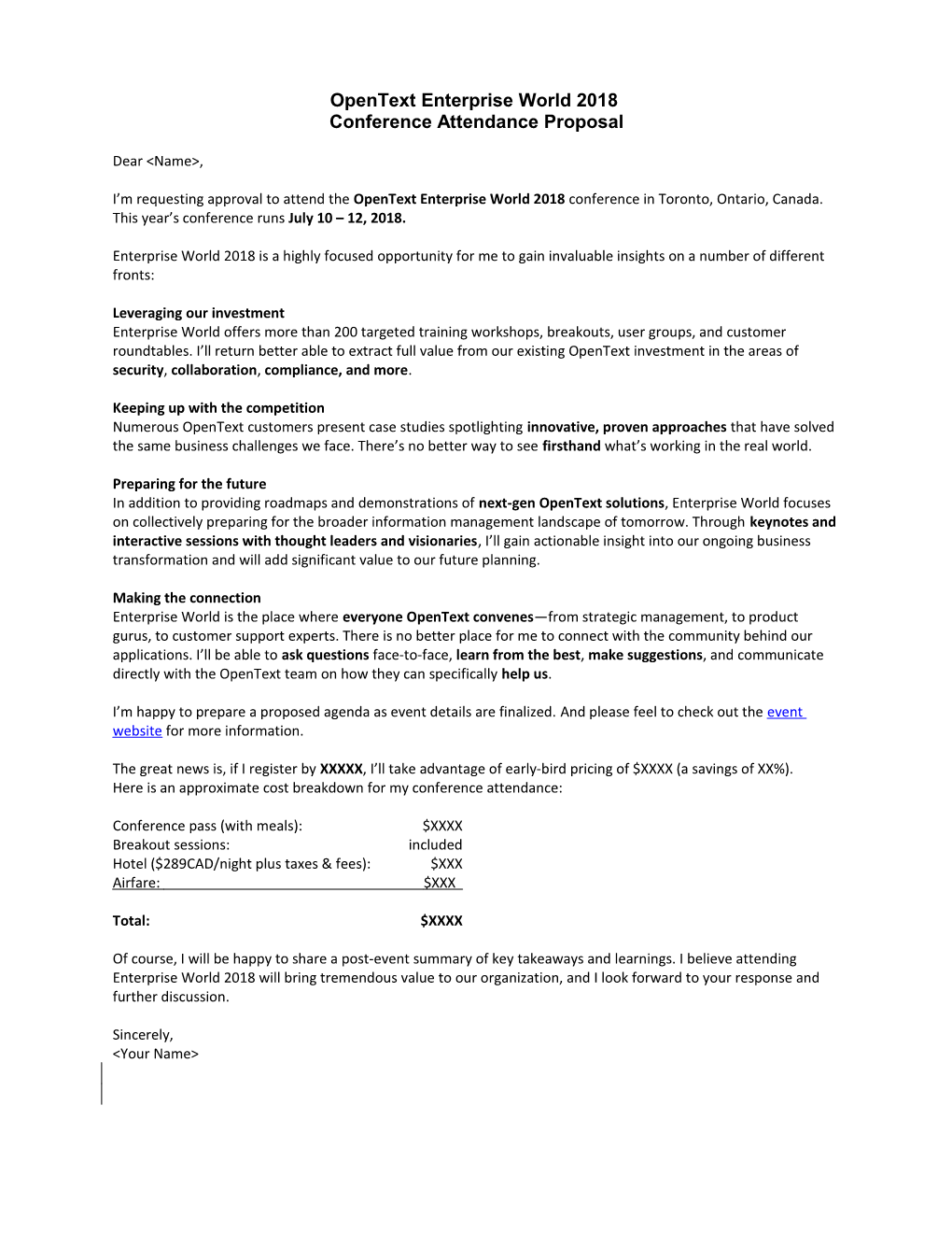 Opentext Enterprise World 2018 Conference Attendance Proposal