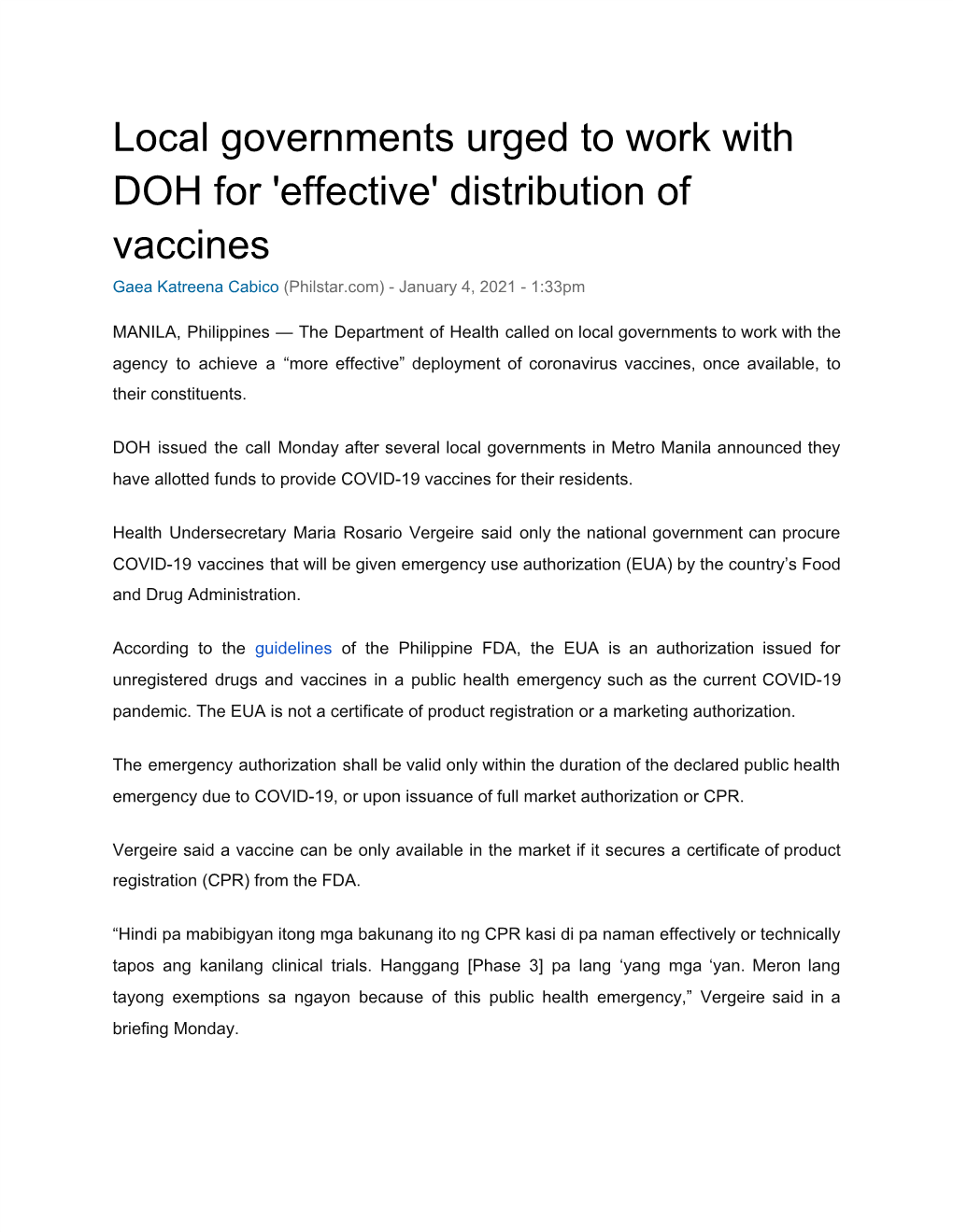 'Effective' Distribution of Vaccines Gaea Katreena Cabico (Philstar.Com) - January 4, 2021 - 1:33Pm ​