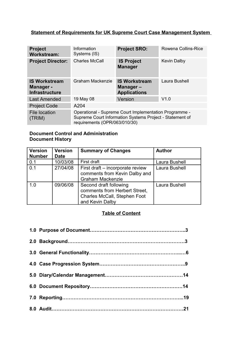 Statement of Requirements for UK Supreme Court Case Management System