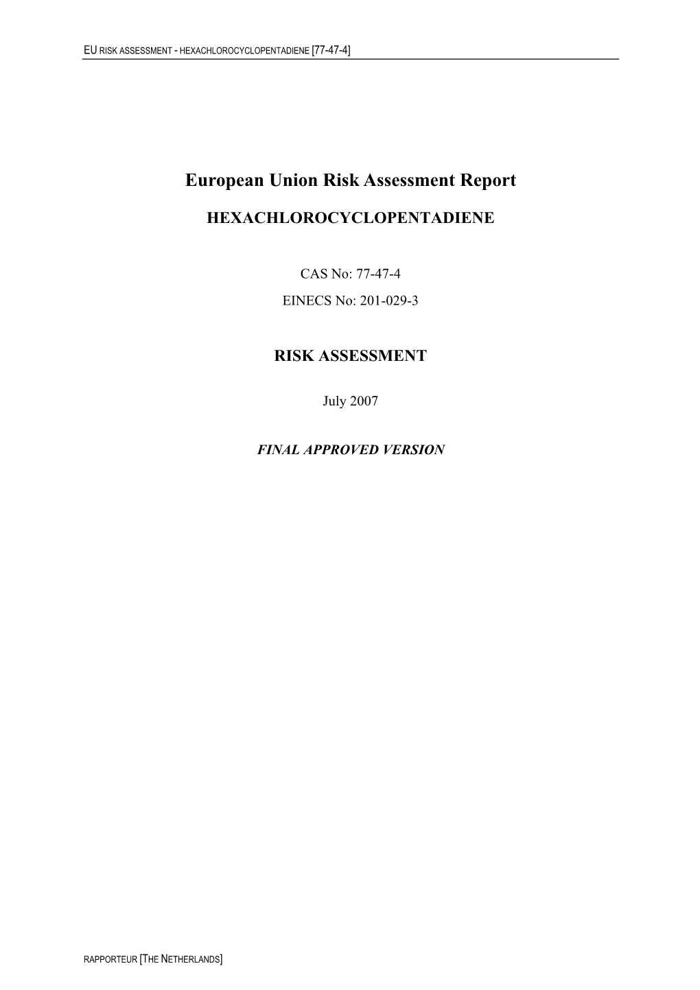 Eu Risk Assessment - Hexachlorocyclopentadiene [77-47-4]