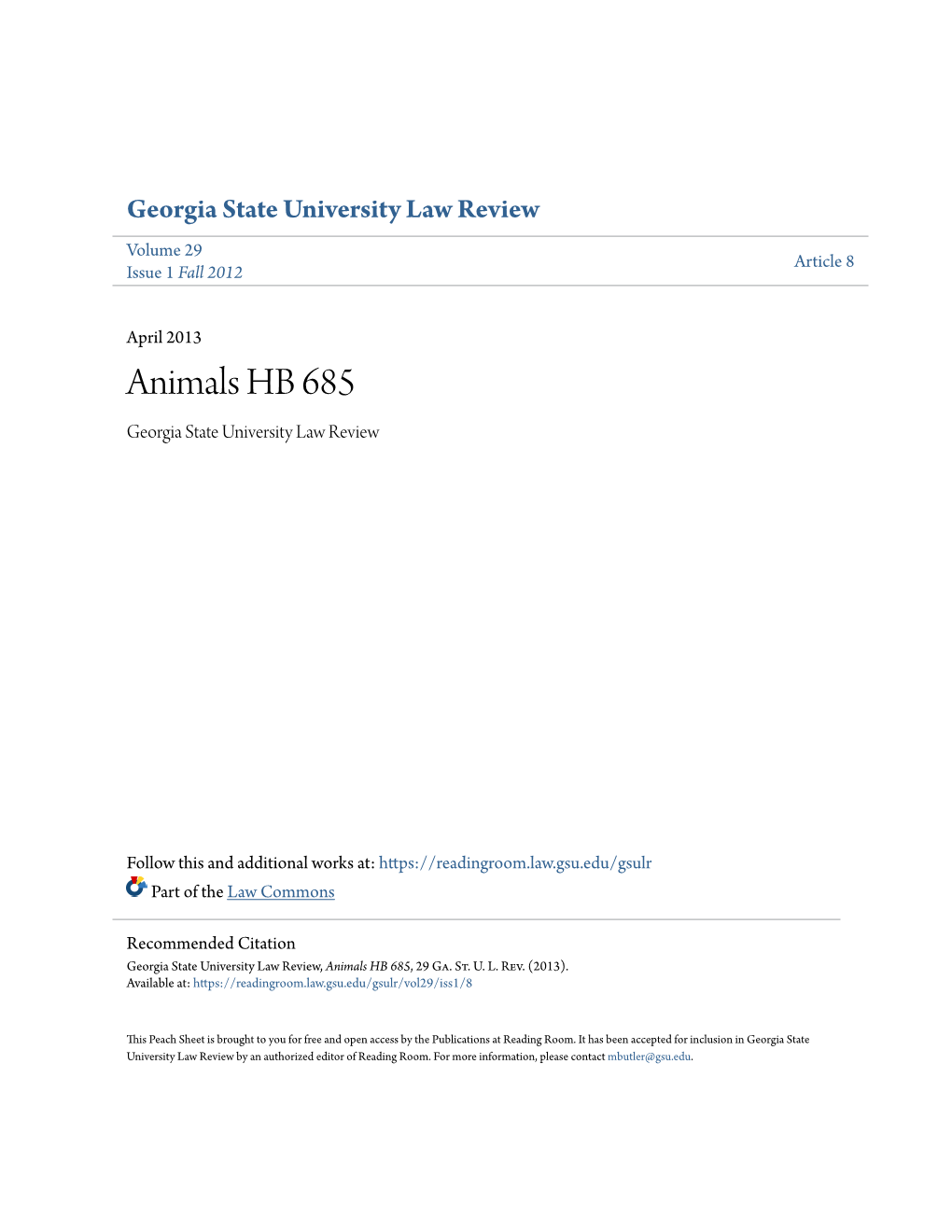 Animals HB 685 Georgia State University Law Review