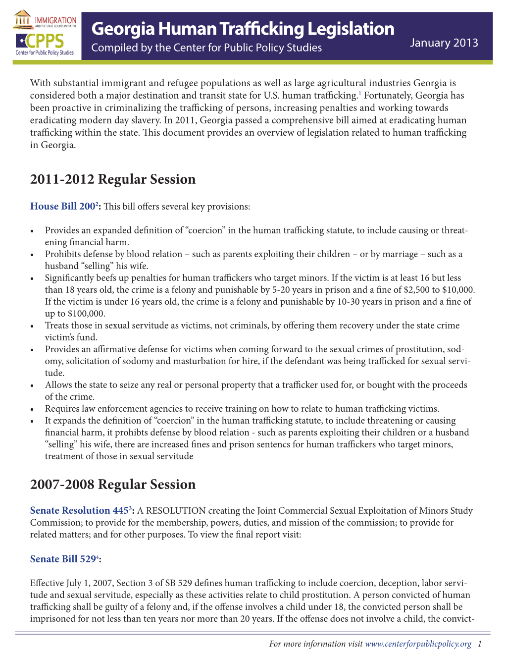 Georgia Human Trafficking Legislation Compiled by the Center for Public Policy Studies January 2013