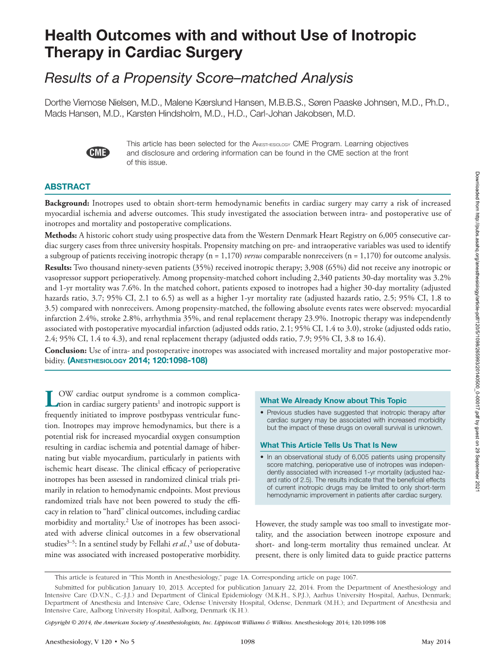 Health Outcomes with and Without Use of Inotropic Therapy in Cardiac Surgery Results of a Propensity Score–Matched Analysis