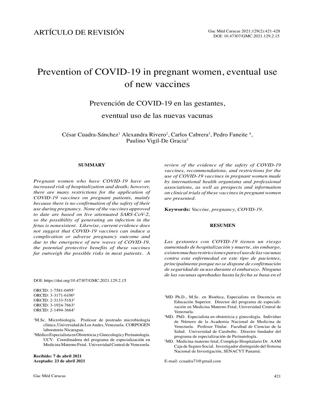 Prevention of COVID-19 in Pregnant Women, Eventual Use of New Vaccines