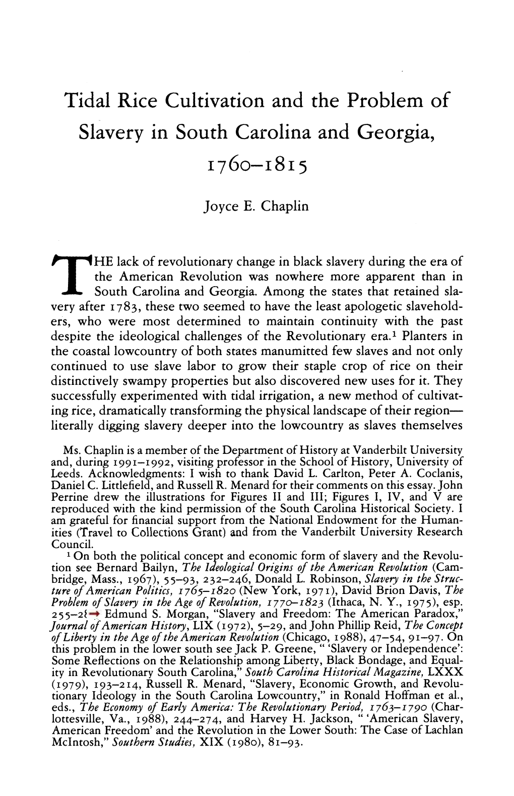 Tidal Rice Cultivation and the Problem of Slavery in South Carolina And