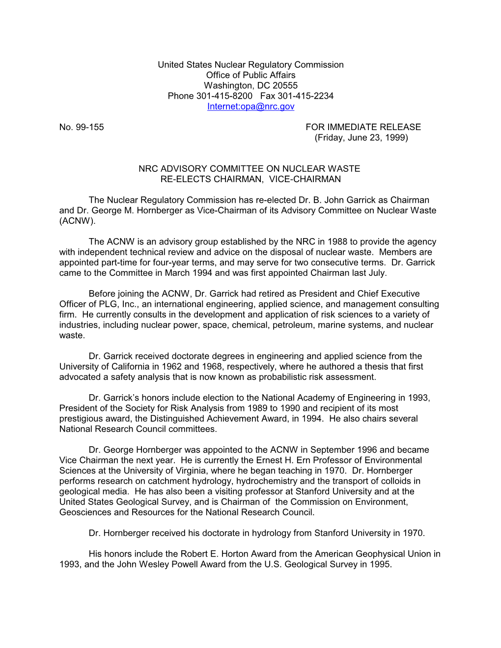 Press Release-99-155 NRC ADVISORY COMMITTEE ON