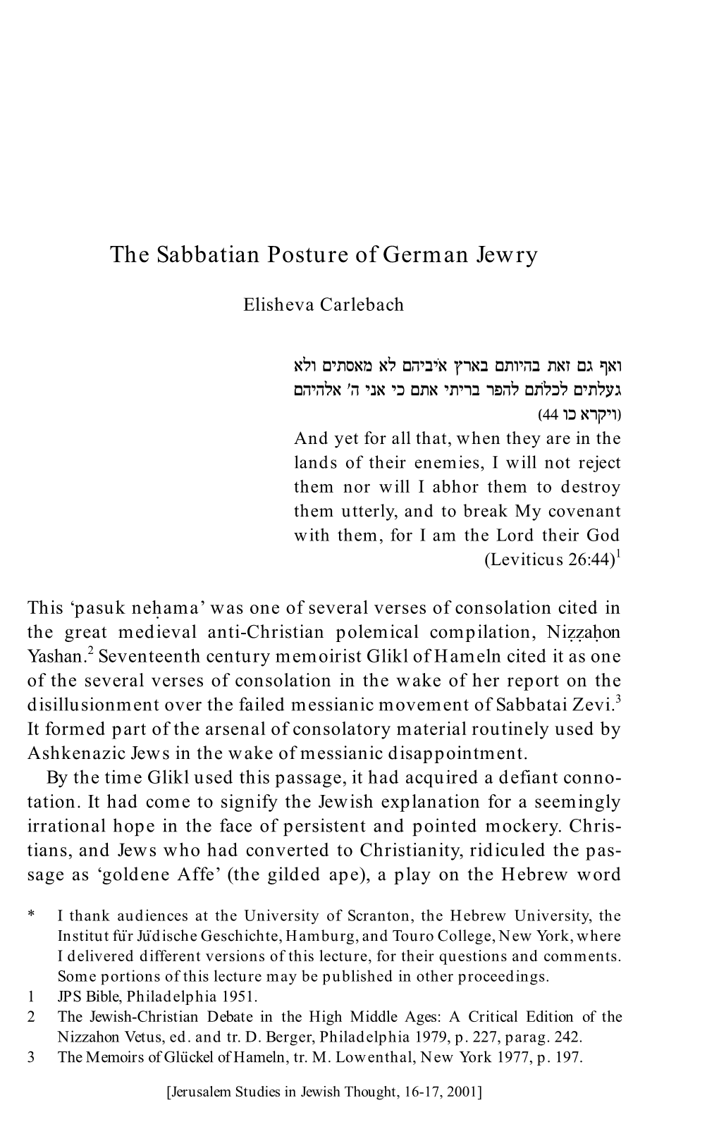 The Sabbatian Posture of German Jewry