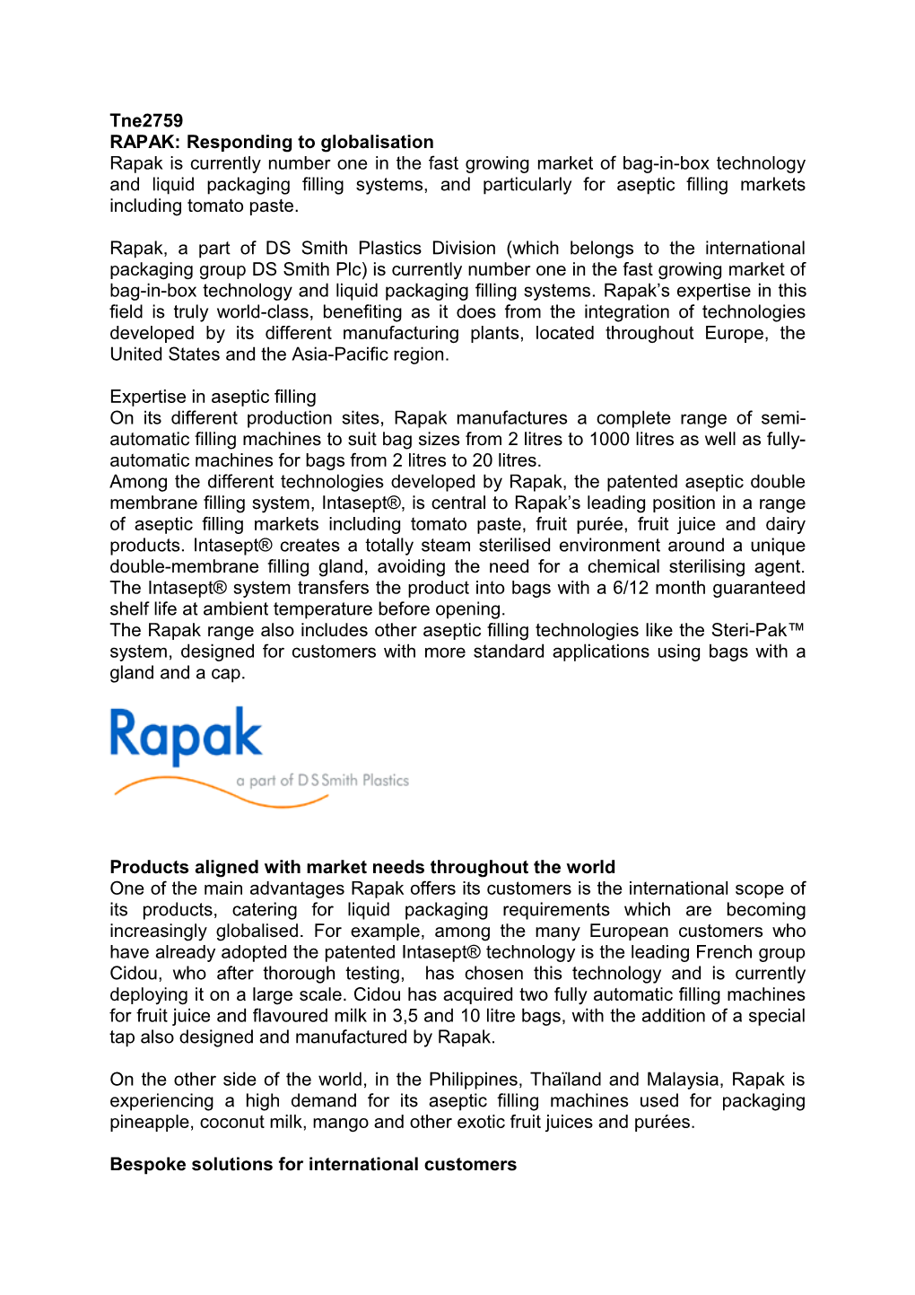 RAPAK: Responding to Globalisation