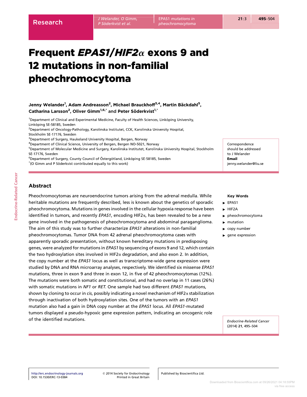 Frequent EPAS1/Hif2a Exons 9 and 12 Mutations in Non-Familial Pheochromocytoma