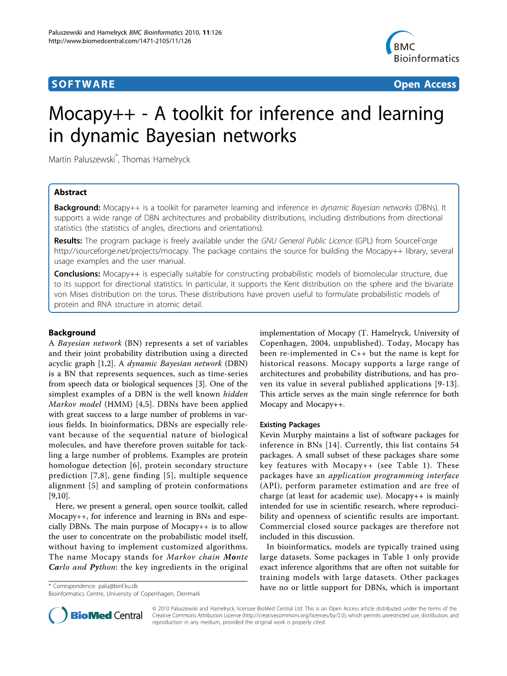 A Toolkit for Inference and Learning in Dynamic Bayesian Networks Martin Paluszewski*, Thomas Hamelryck