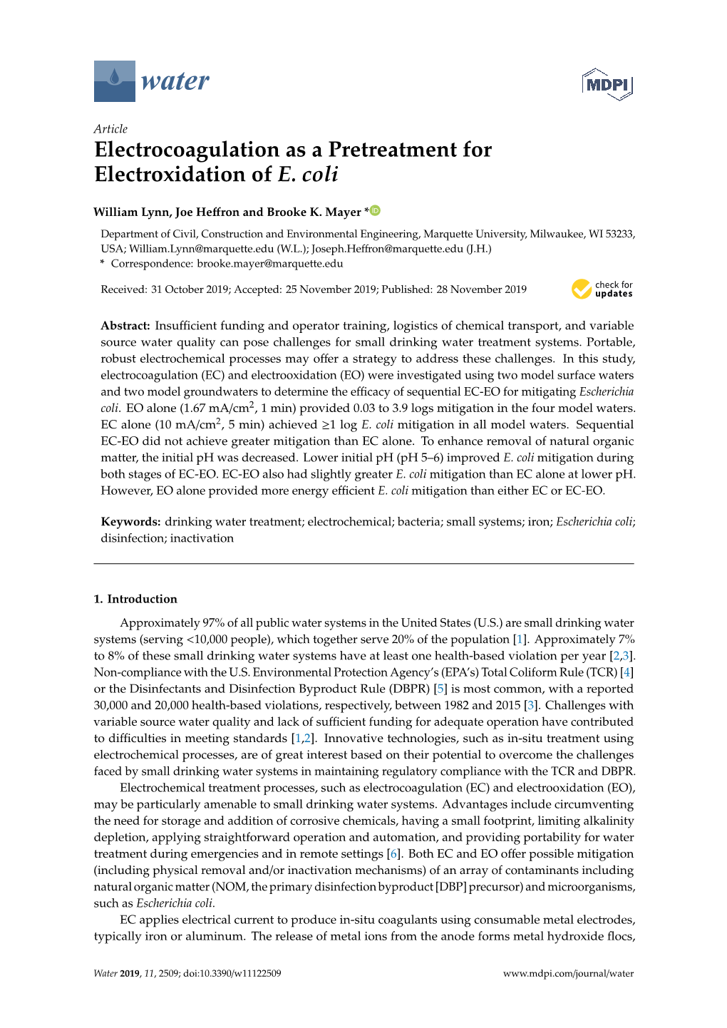 Electrocoagulation As a Pretreatment for Electroxidation of E. Coli