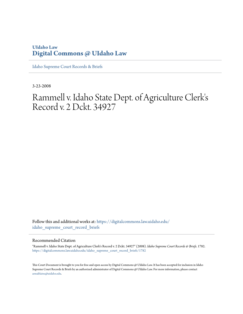 Rammell V. Idaho State Dept. of Agriculture Clerk's Record V. 2 Dckt