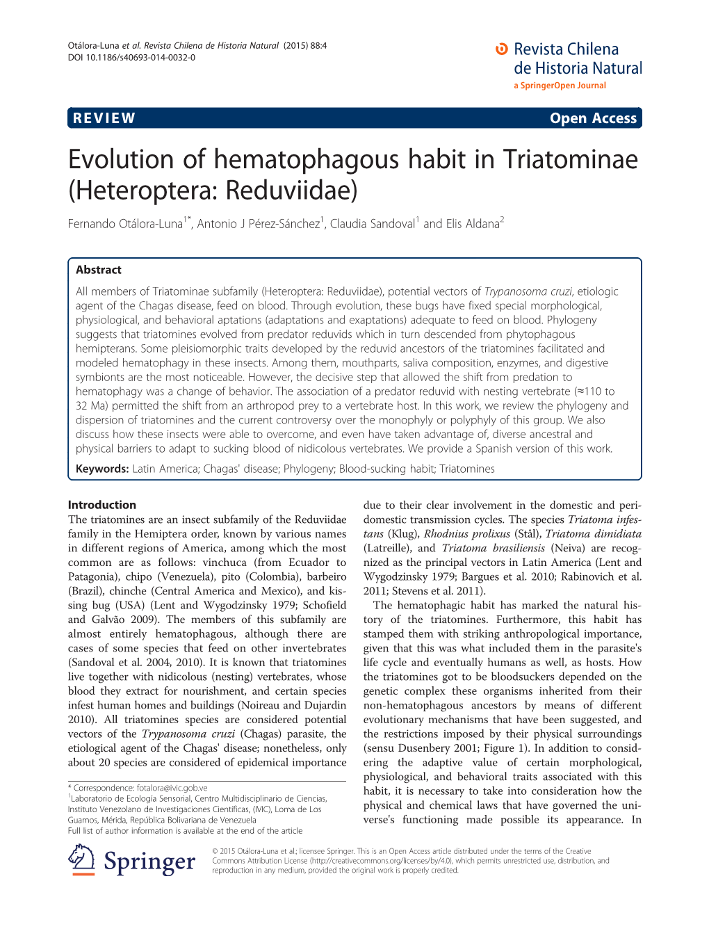 Heteroptera: Reduviidae) Fernando Otálora-Luna1*, Antonio J Pérez-Sánchez1, Claudia Sandoval1 and Elis Aldana2