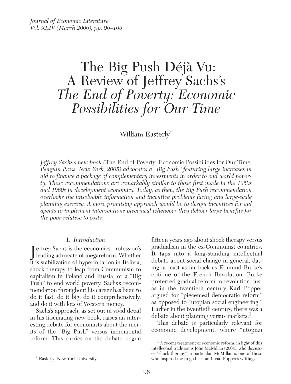 The Big Push Déjà Vu: a Review of Jeffrey Sach's the End of Poverty