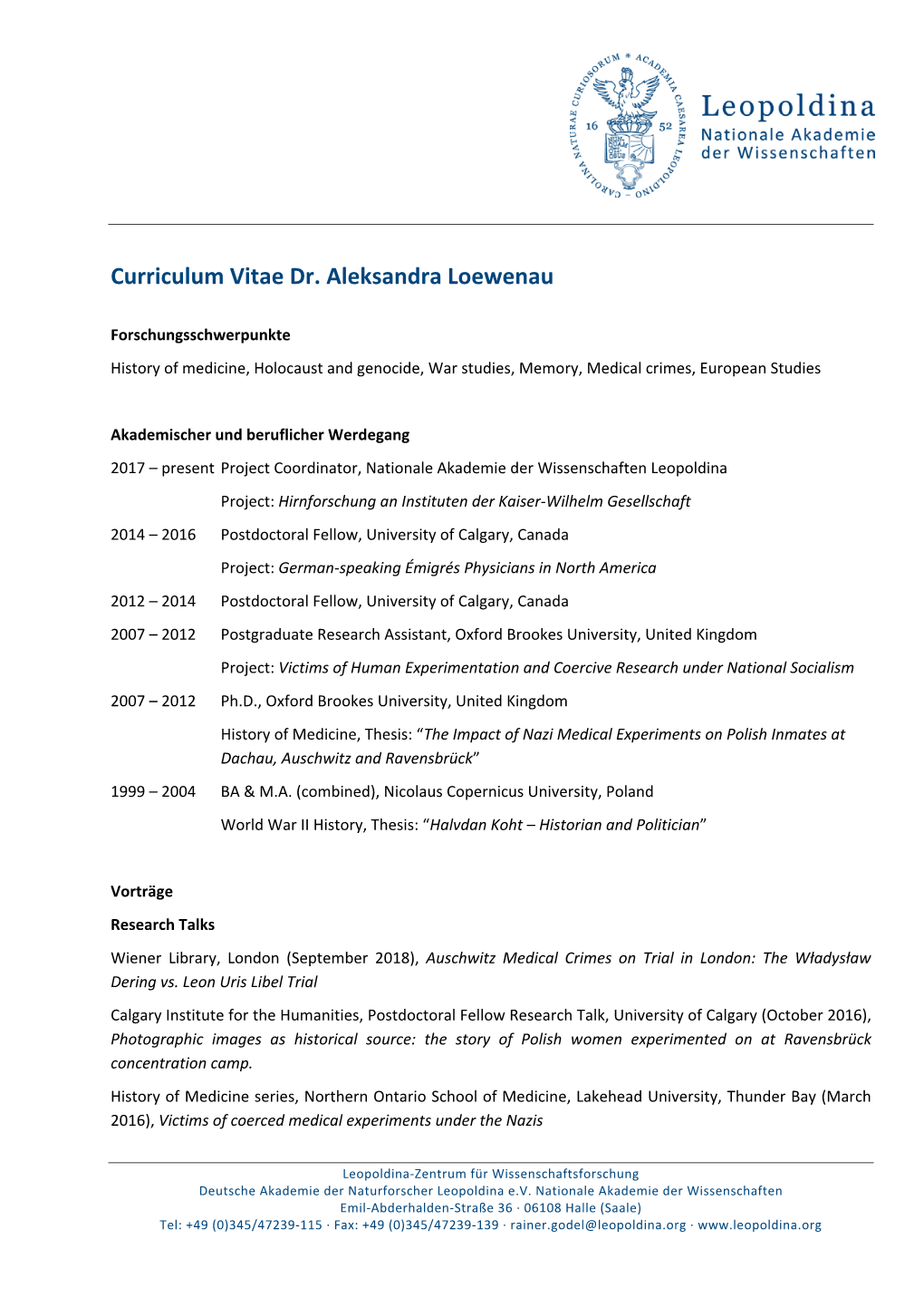 Curriculum Vitae Dr. Aleksandra Loewenau