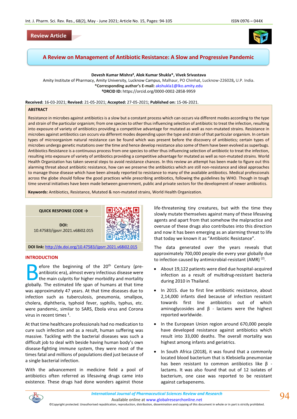 A Review on Management of Antibiotic Resistance: a Slow and Progressive Pandemic