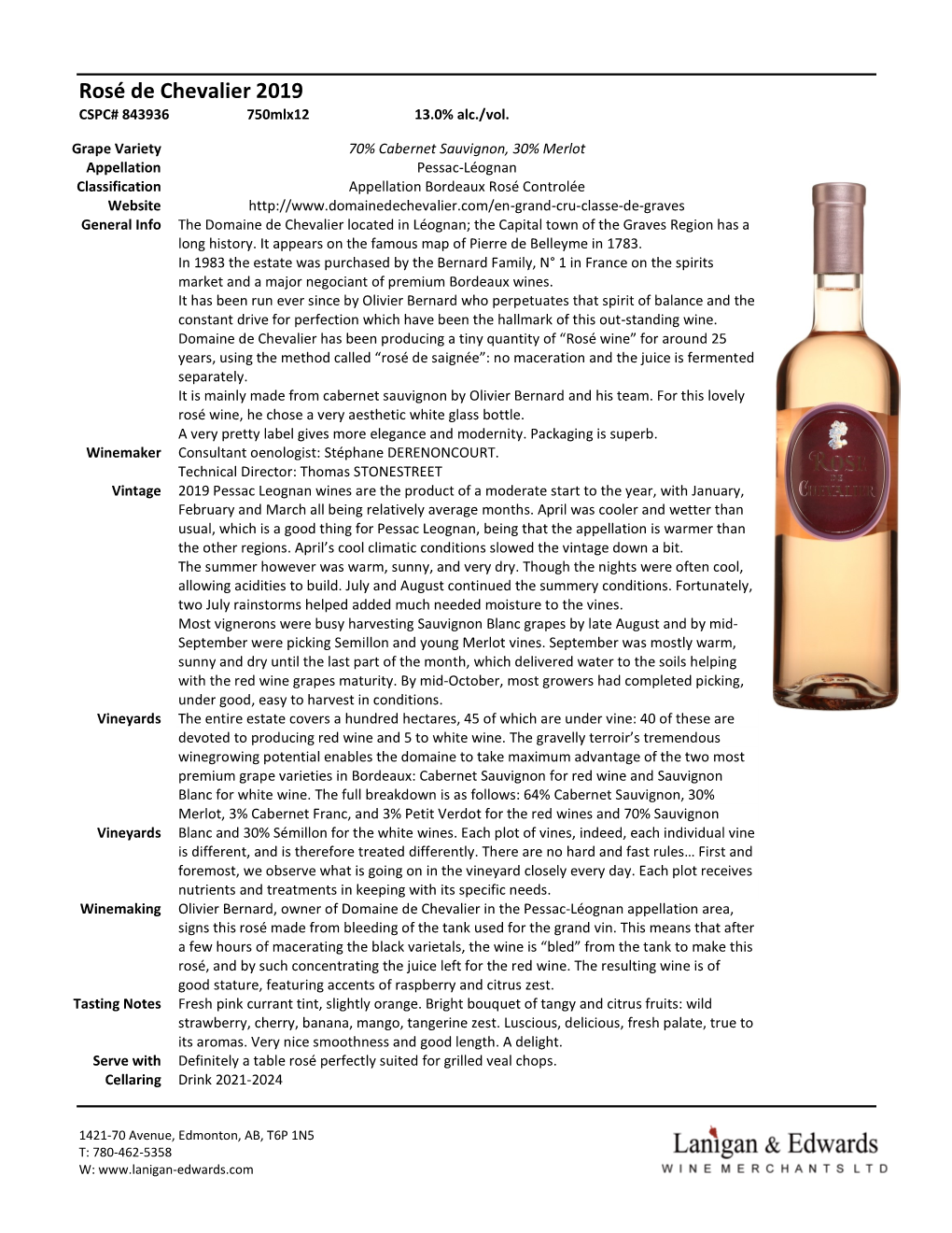 Rosé De Chevalier 2019 CSPC# 843936 750Mlx12 13.0% Alc./Vol