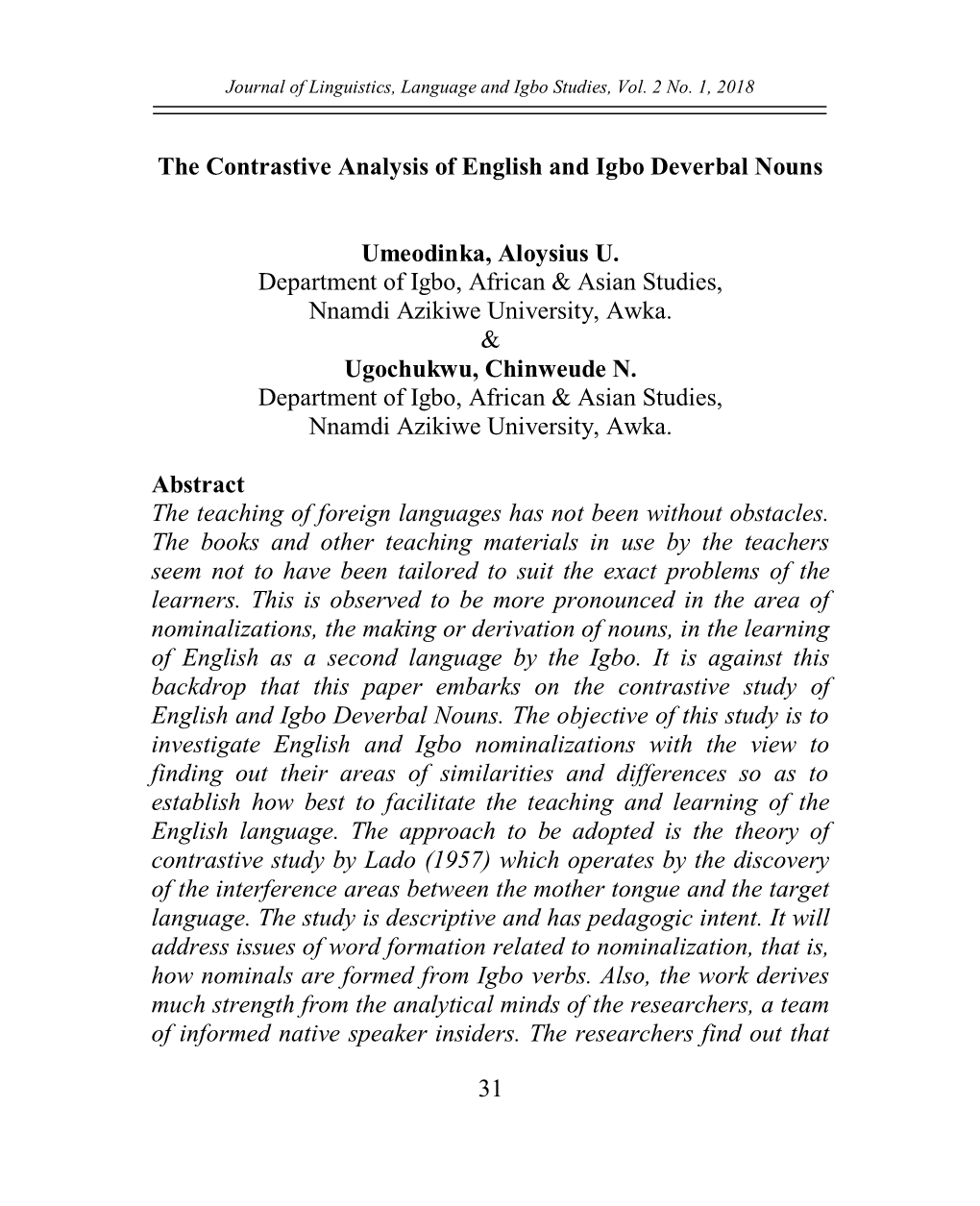 31 the Contrastive Analysis of English and Igbo Deverbal Nouns