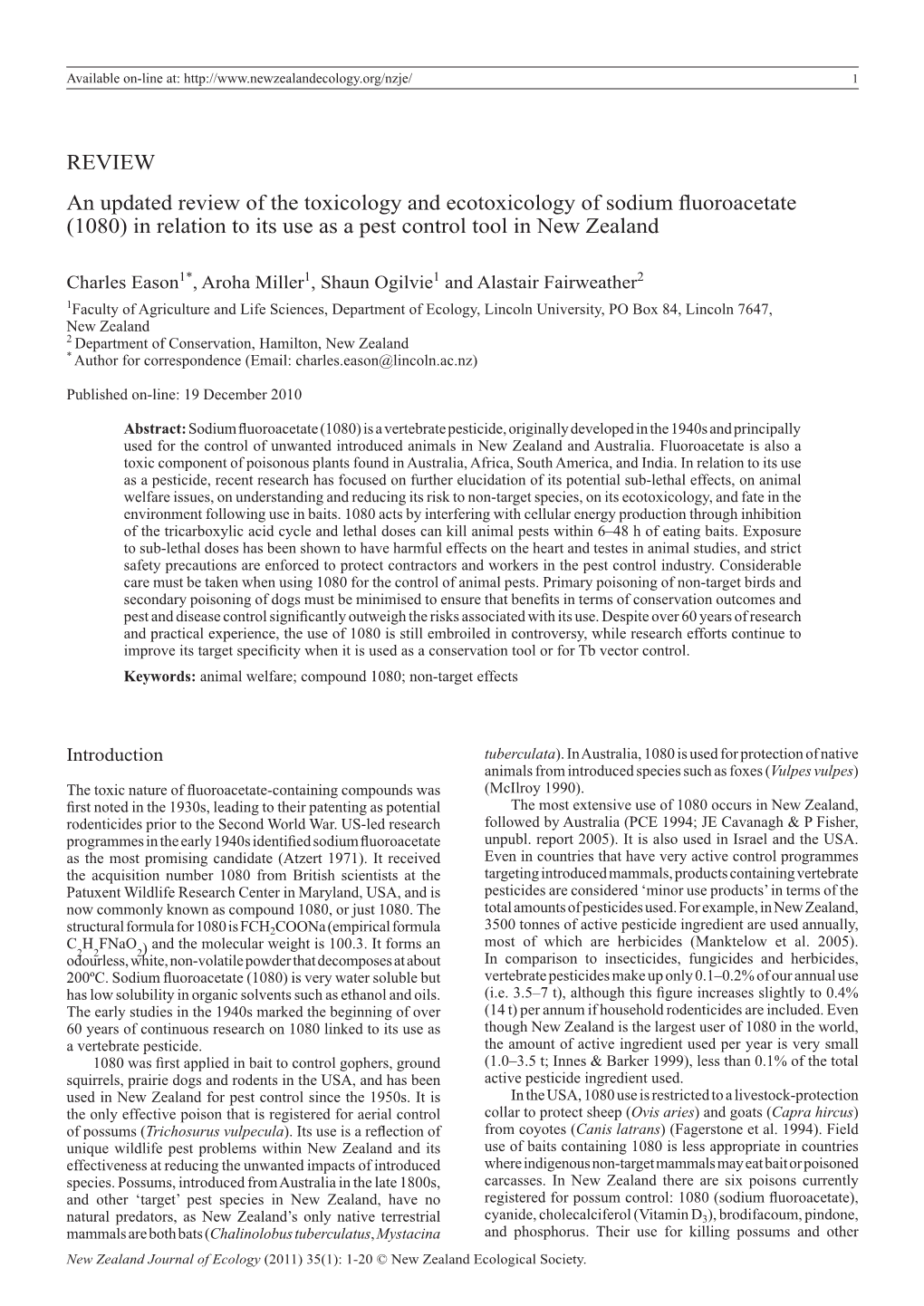 REVIEW an Updated Review of the Toxicology and Ecotoxicology of Sodium Fluoroacetate (1080) in Relation to Its Use As a Pest Control Tool in New Zealand