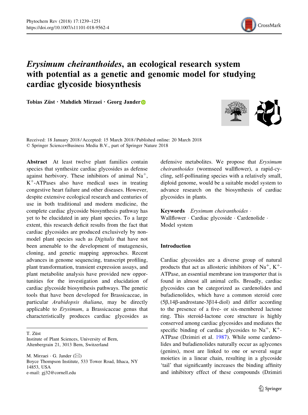 Erysimum Cheiranthoides, an Ecological Research System with Potential As a Genetic and Genomic Model for Studying Cardiac Glycoside Biosynthesis