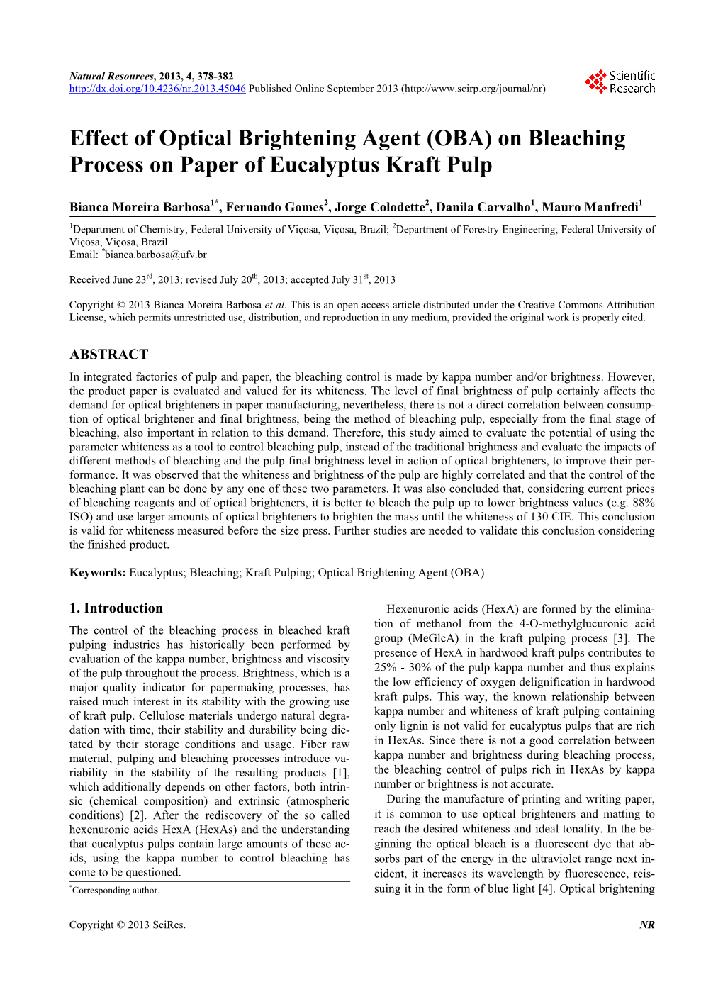 Effect of Optical Brightening Agent (OBA) on Bleaching Process on Paper of Eucalyptus Kraft Pulp