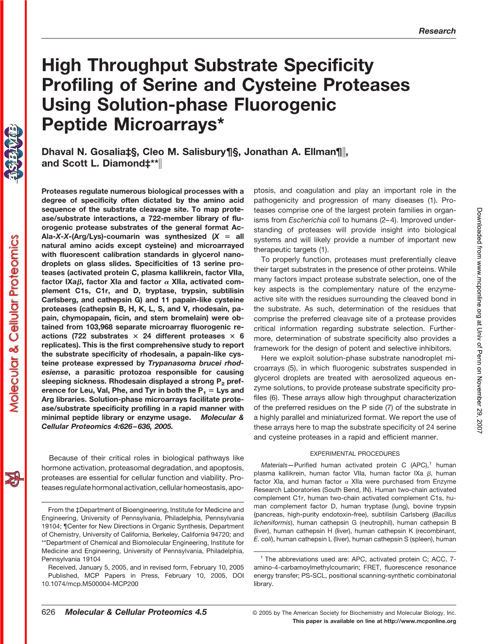 High Throughput Substrate Specificity Profiling of Serine and Cysteine Proteases Using Solution-Phase Fluorogenic Peptide Microarrays*