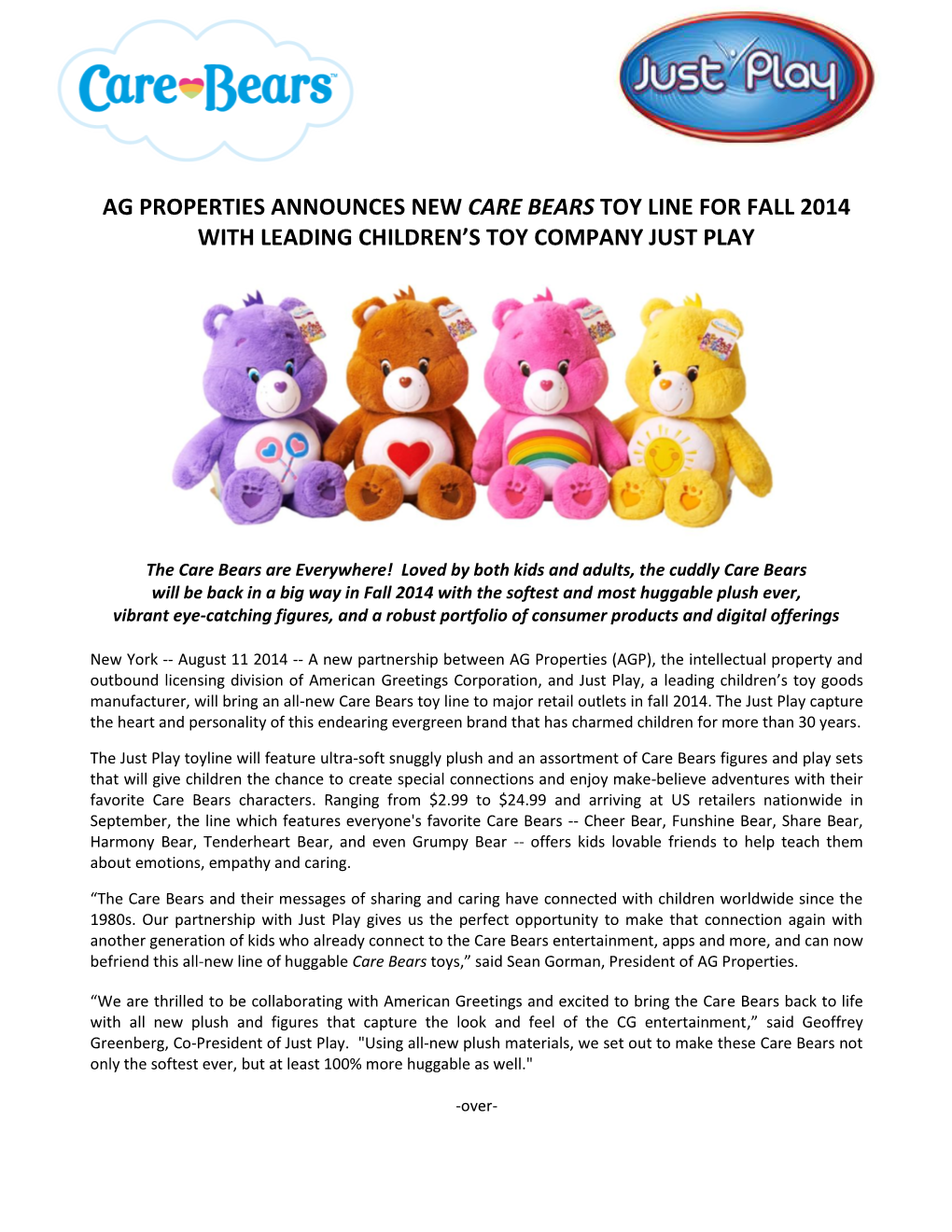 Ag Properties Announces New Care Bears Toy Line for Fall 2014 with Leading Children’S Toy Company Just Play