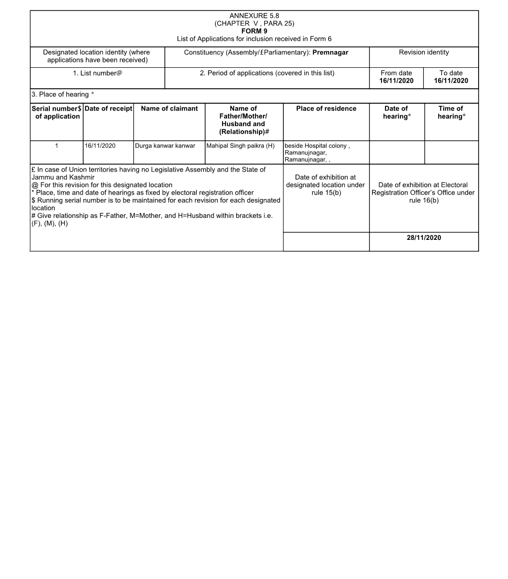 ANNEXURE 5.8 (CHAPTER V , PARA 25) FORM 9 List of Applications For