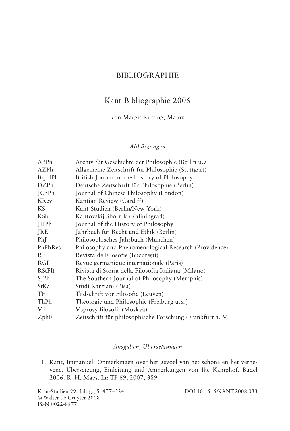 BIBLIOGRAPHIE Kant-Bibliographie 2006