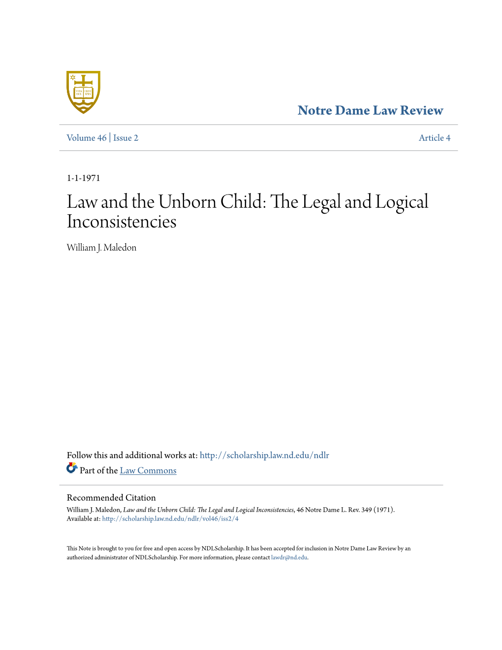 Law and the Unborn Child: the Legal and Logical Inconsistencies William J