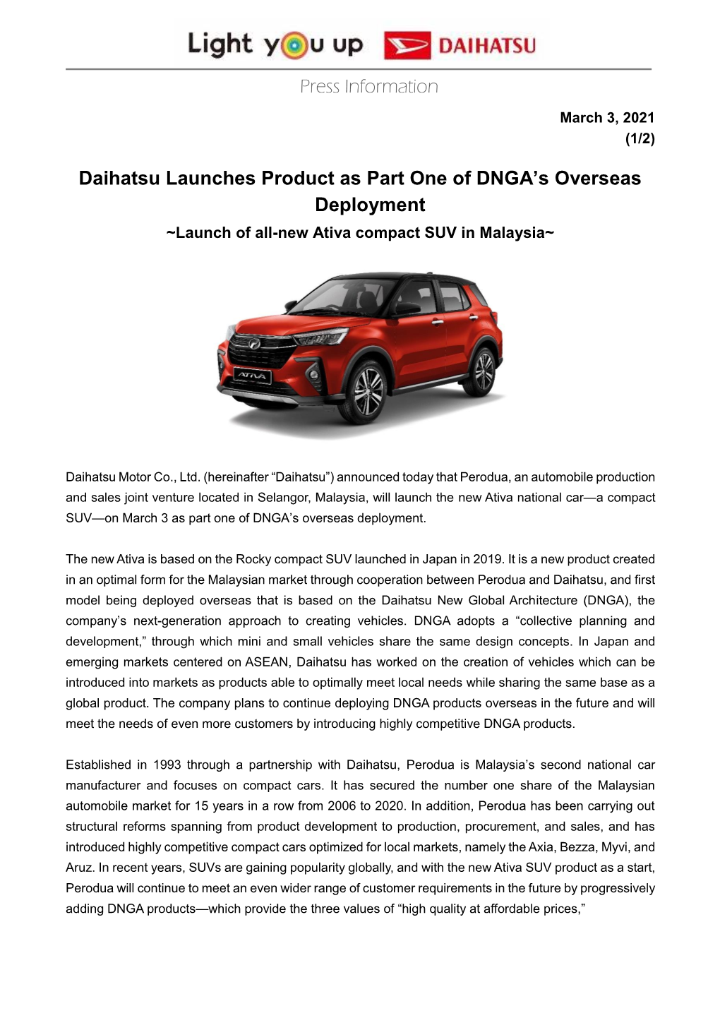 Mar. 03, 2021 Overseas Daihatsu Launches Product As Part One Of