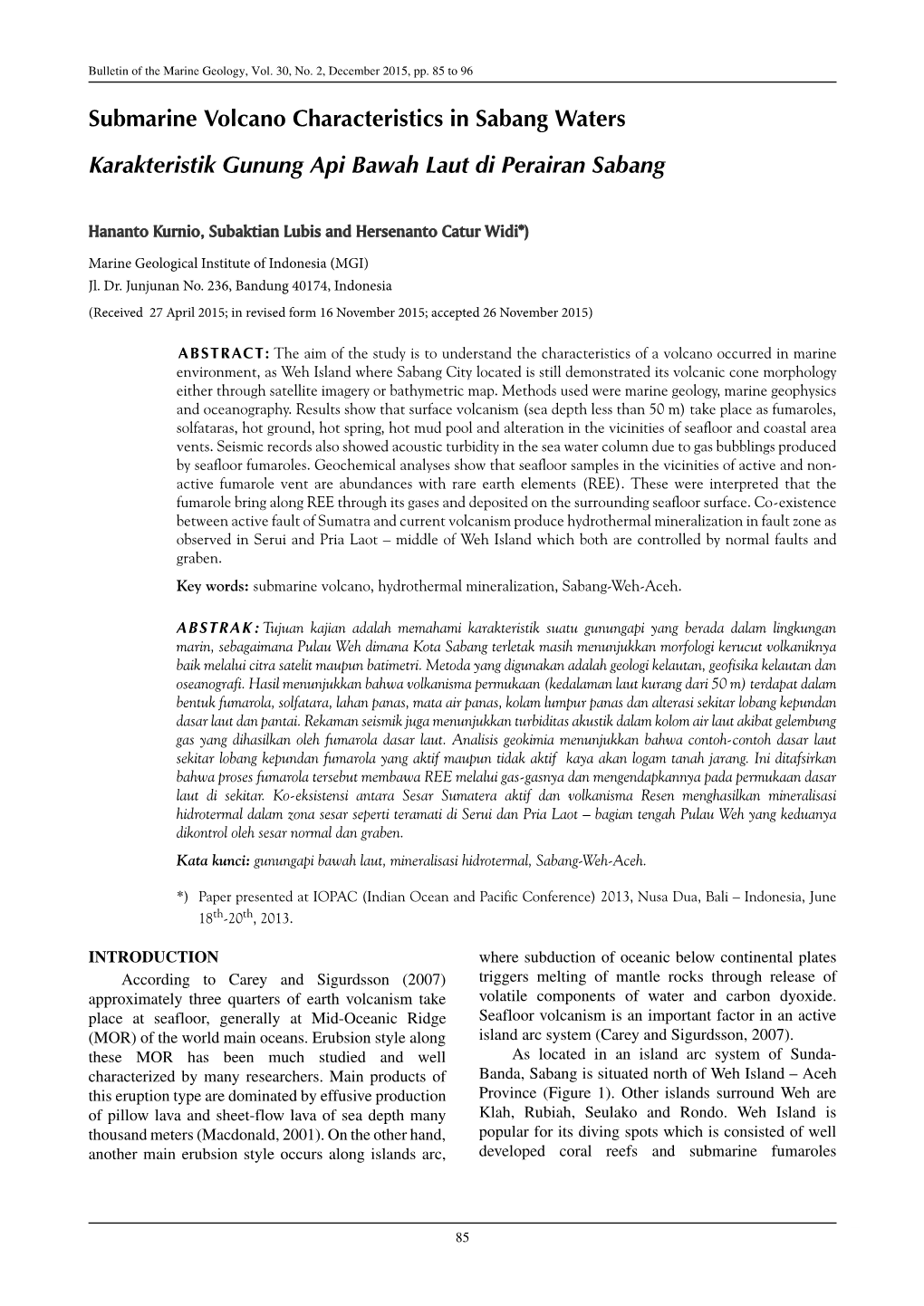 Submarine Volcano Characteristics in Sabang Waters Karakteristik Gunung Api Bawah Laut Di Perairan Sabang