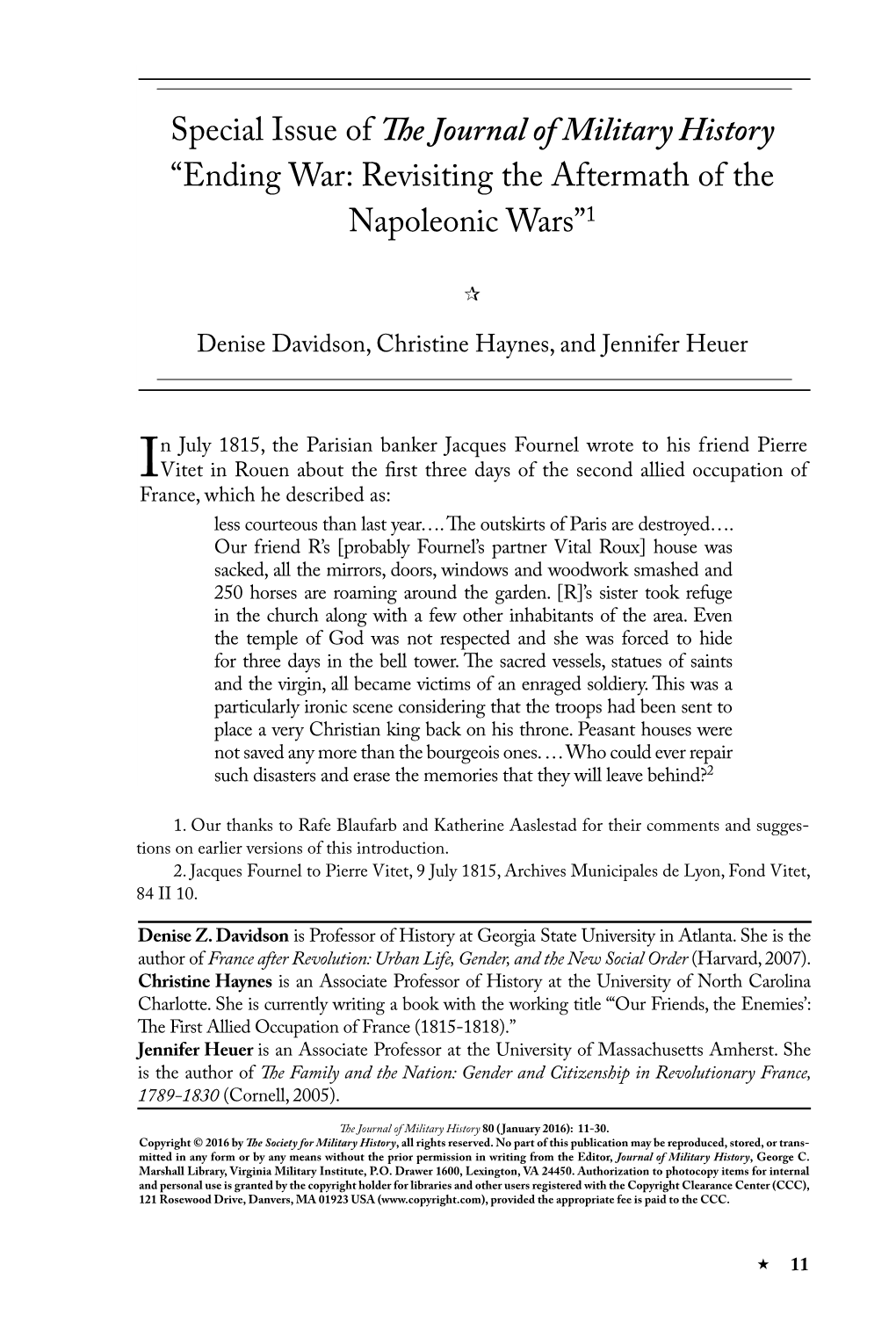 Special Issue of the Journal of Military History “Ending War: Revisiting the Aftermath of the Napoleonic Wars”1