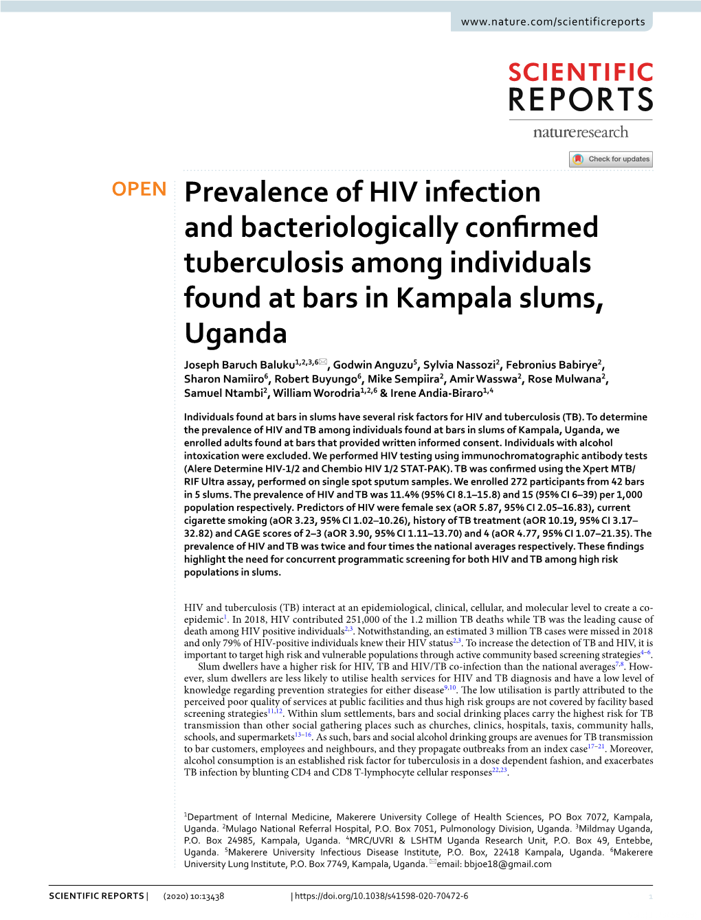 Prevalence of HIV Infection and Bacteriologically Confirmed