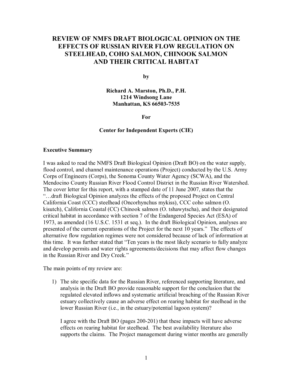 Review of Nmfs Draft Biological Opinion on the Effects of Russian River Flow Regulation on Steelhead, Coho Salmon, Chinook Salmon and Their Critical Habitat