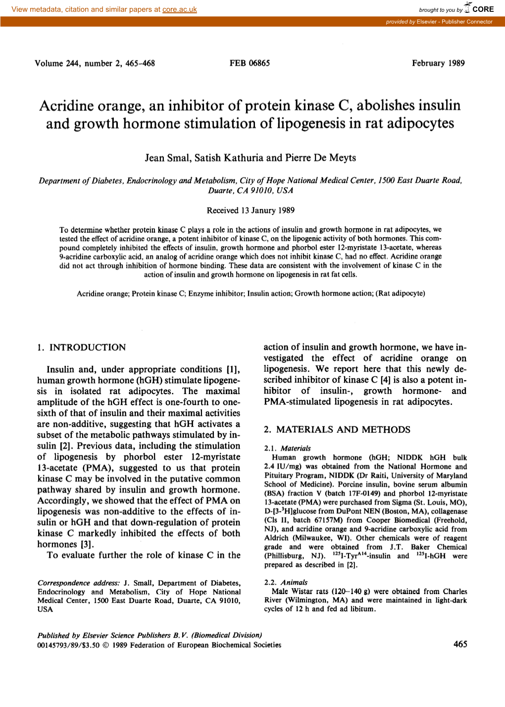 Acridine Orange, an Inhibitor of Protein Kinase C, Abolishes Insulin and Growth Hormone Stimulation of Lipogenesis in Rat Adipocytes