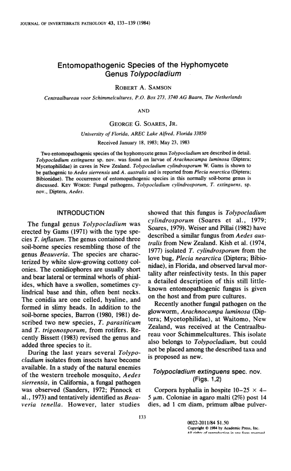 Entomopathogenic Species of the Hyphomycete Genus Tolypocladium