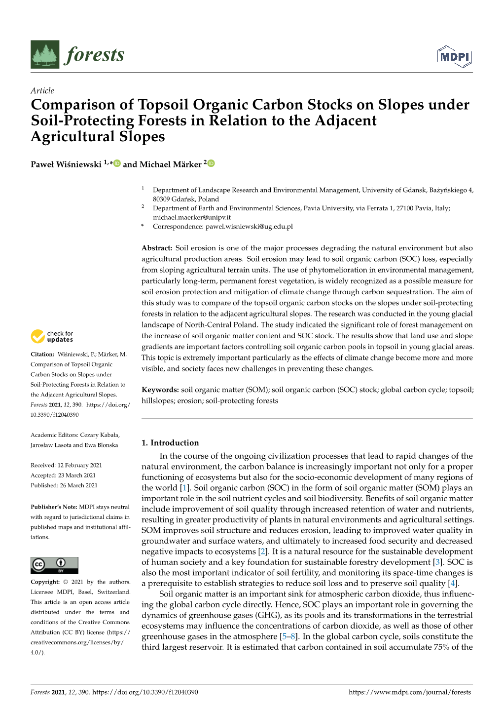 Comparison of Topsoil Organic Carbon Stocks on Slopes Under Soil-Protecting Forests in Relation to the Adjacent Agricultural Slopes