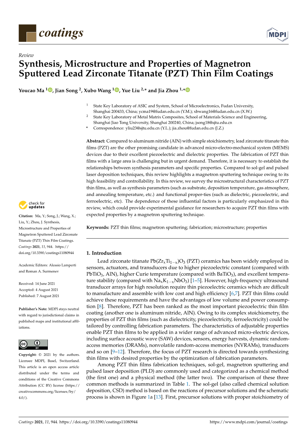 Synthesis, Microstructure and Properties of Magnetron Sputtered Lead Zirconate Titanate (PZT) Thin Film Coatings