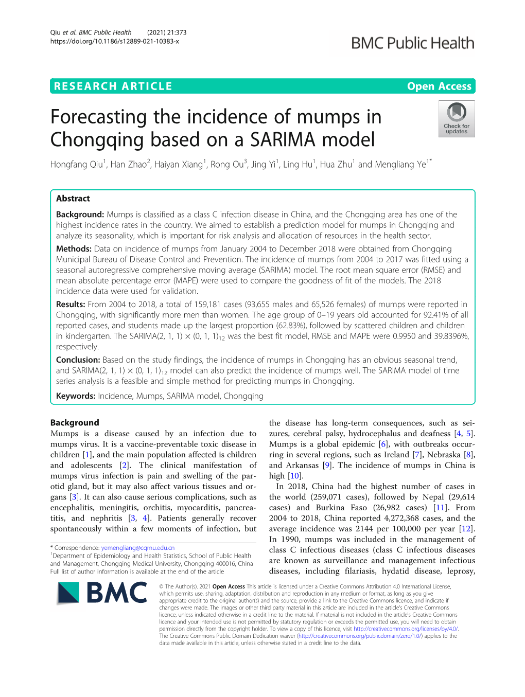 Forecasting the Incidence of Mumps in Chongqing Based on a SARIMA