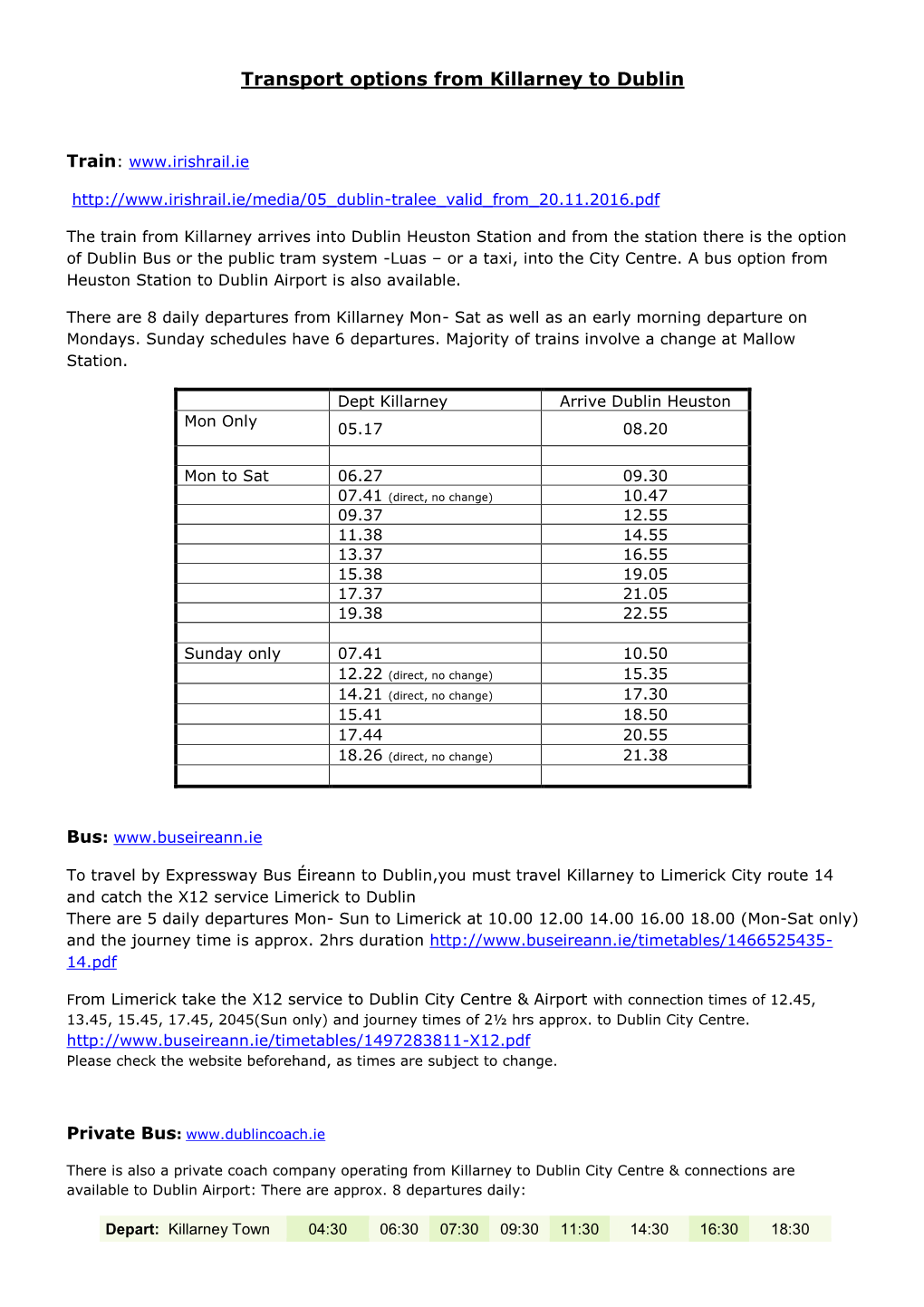 Transport Options from Killarney to Dublin