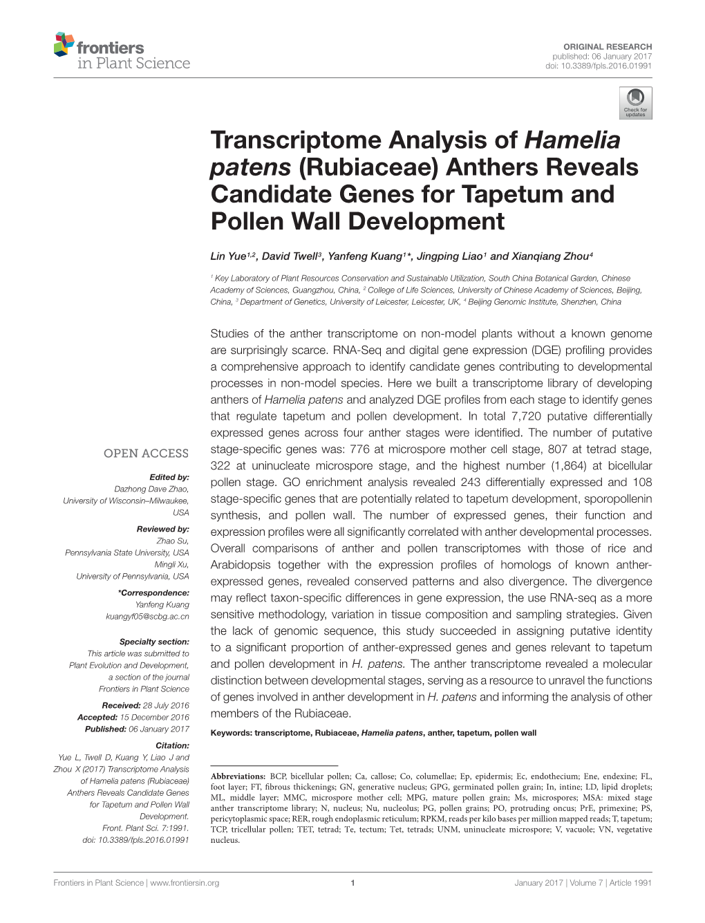 Transcriptome Analysis of Hamelia Patens (Rubiaceae) Anthers Reveals Candidate Genes for Tapetum and Pollen Wall Development