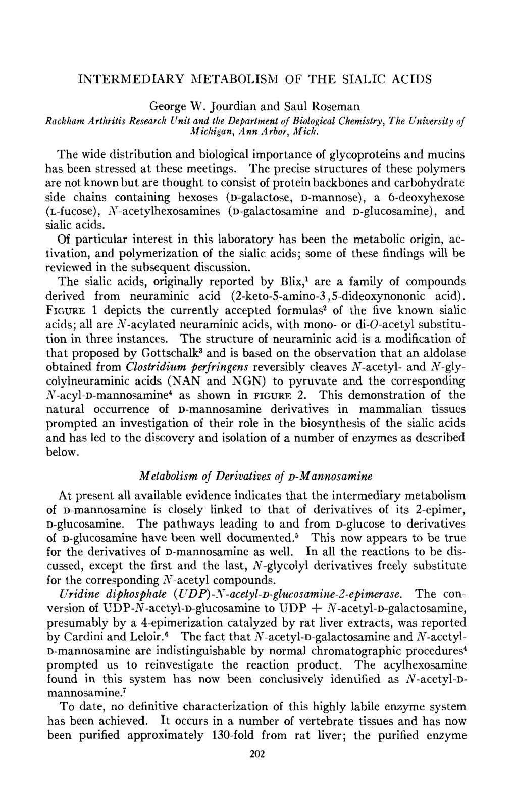 INTERMEDIARY METABOLISM of the SIALIC ACIDS George W