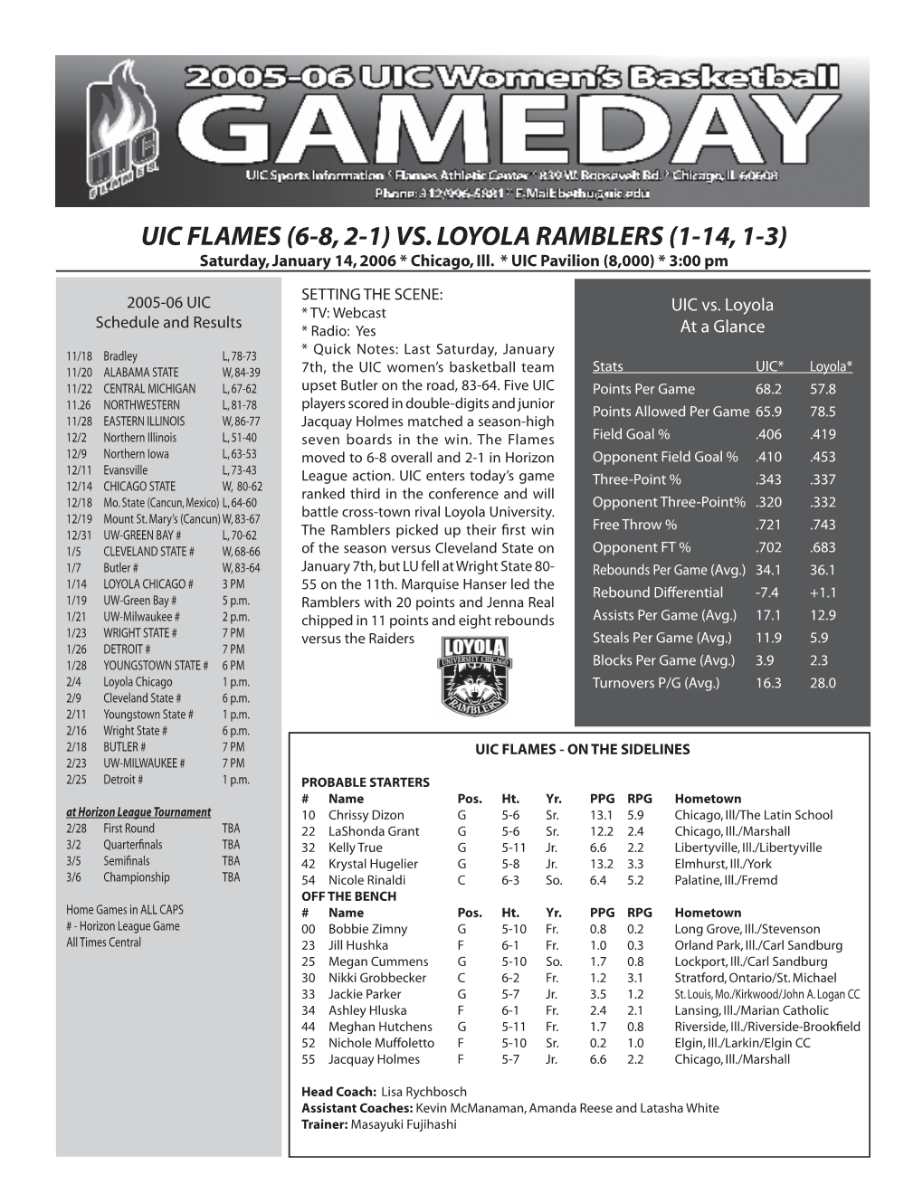 UIC FLAMES (6-8, 2-1) VS. LOYOLA RAMBLERS (1-14, 1-3) Saturday, January 14, 2006 * Chicago, Ill