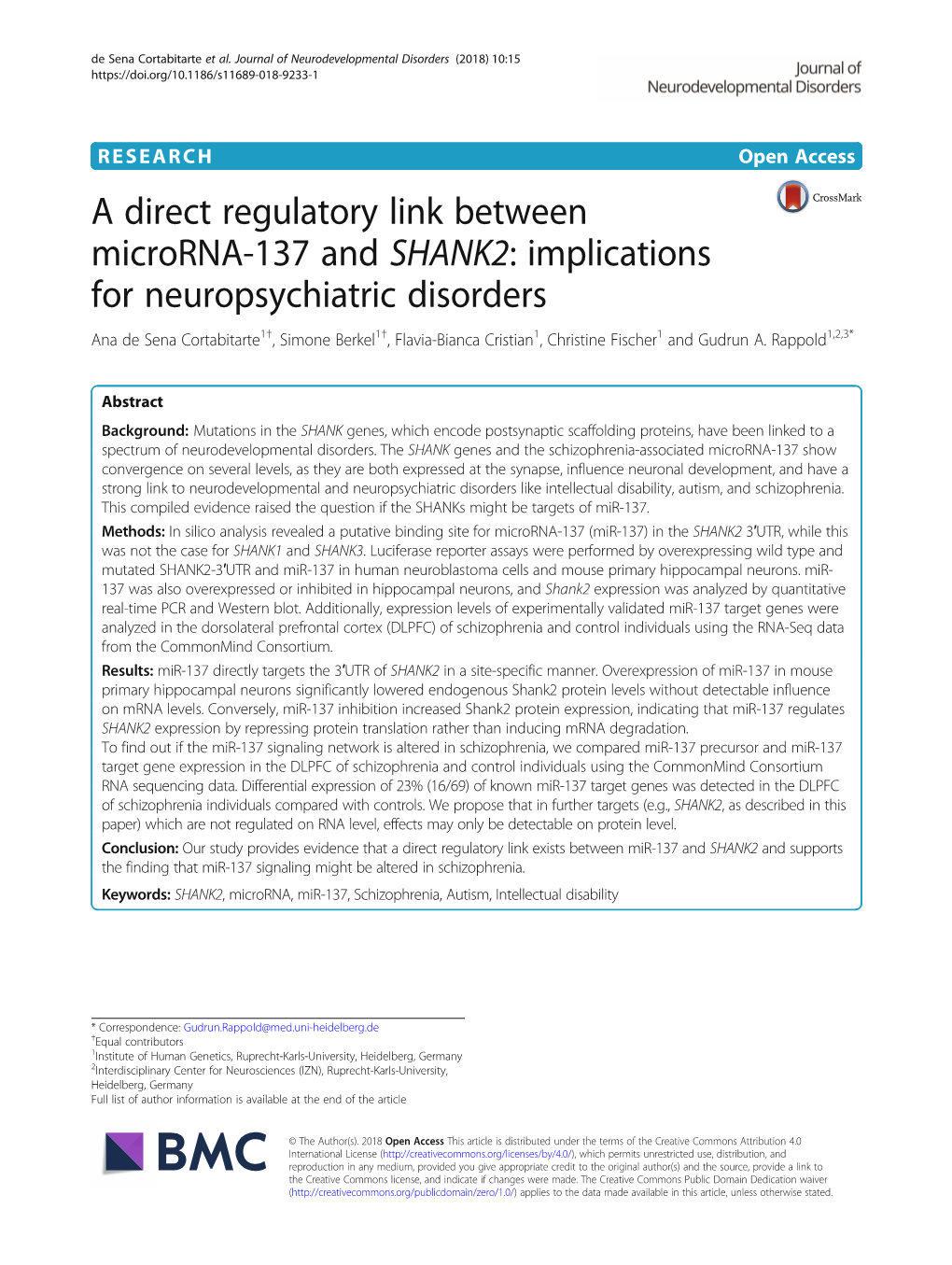 A Direct Regulatory Link Between Microrna-137 and SHANK2