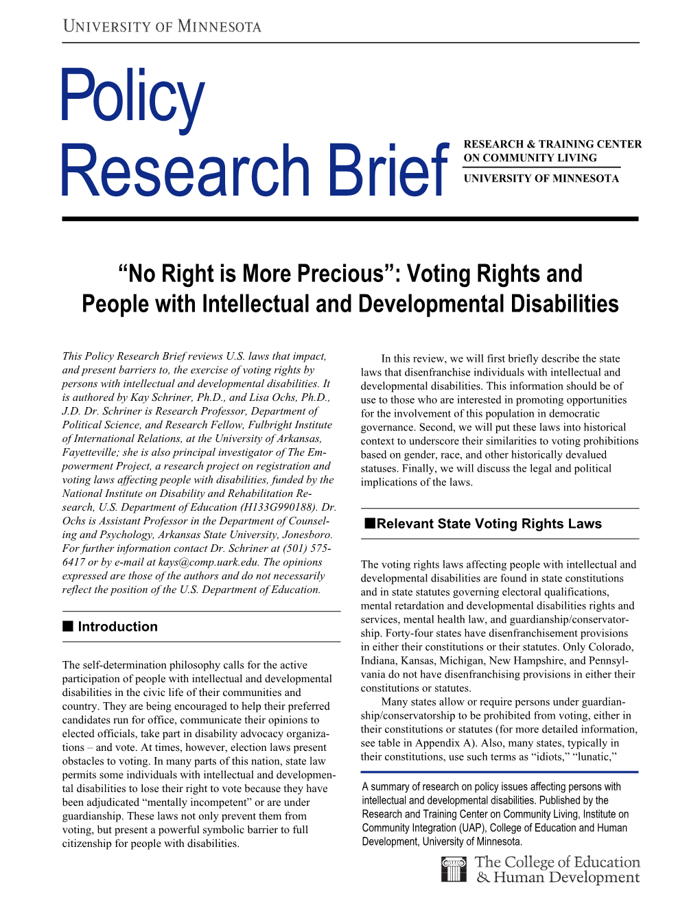 Policy Research Brief Reviews U.S