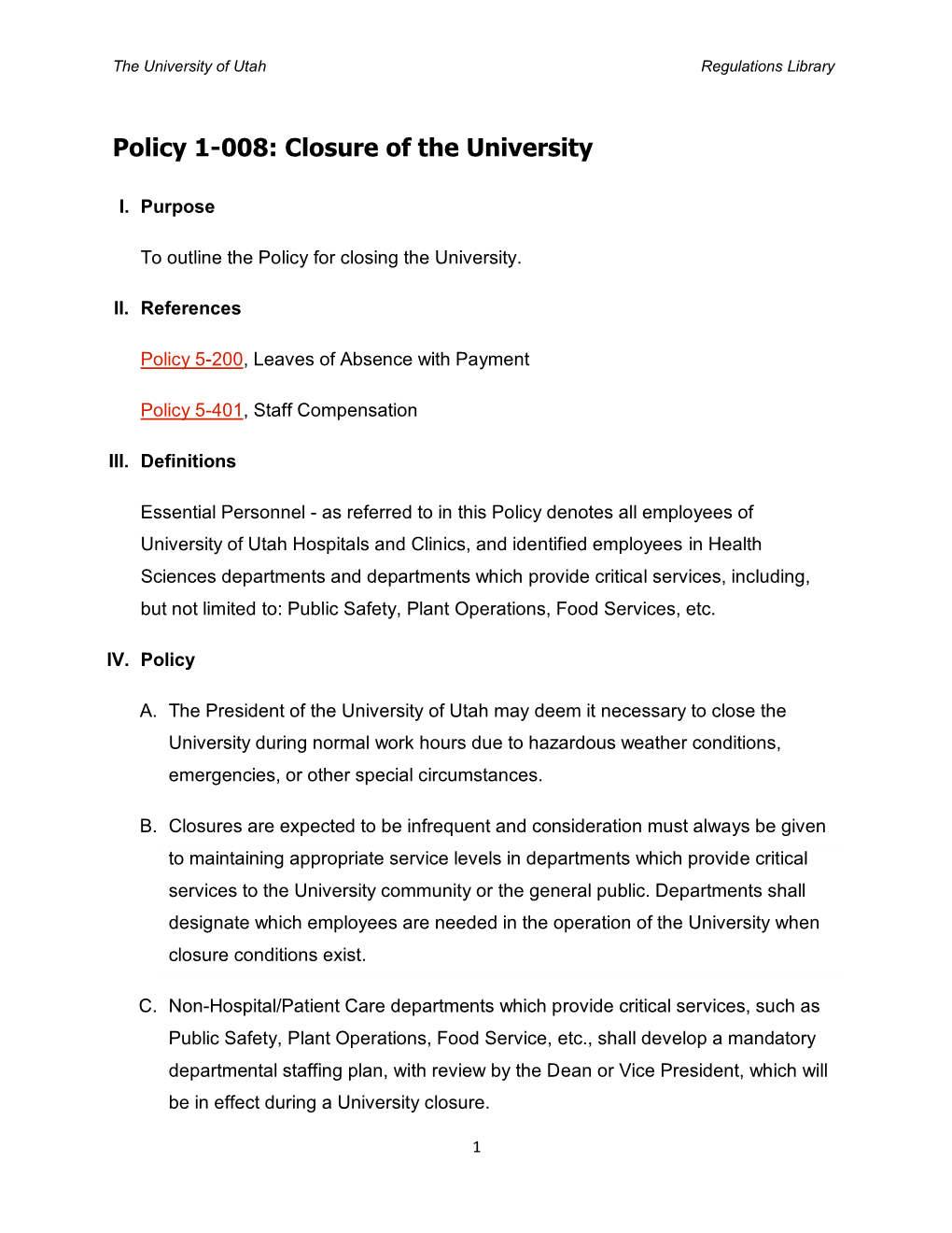 Policy 1-008: Closure of the University