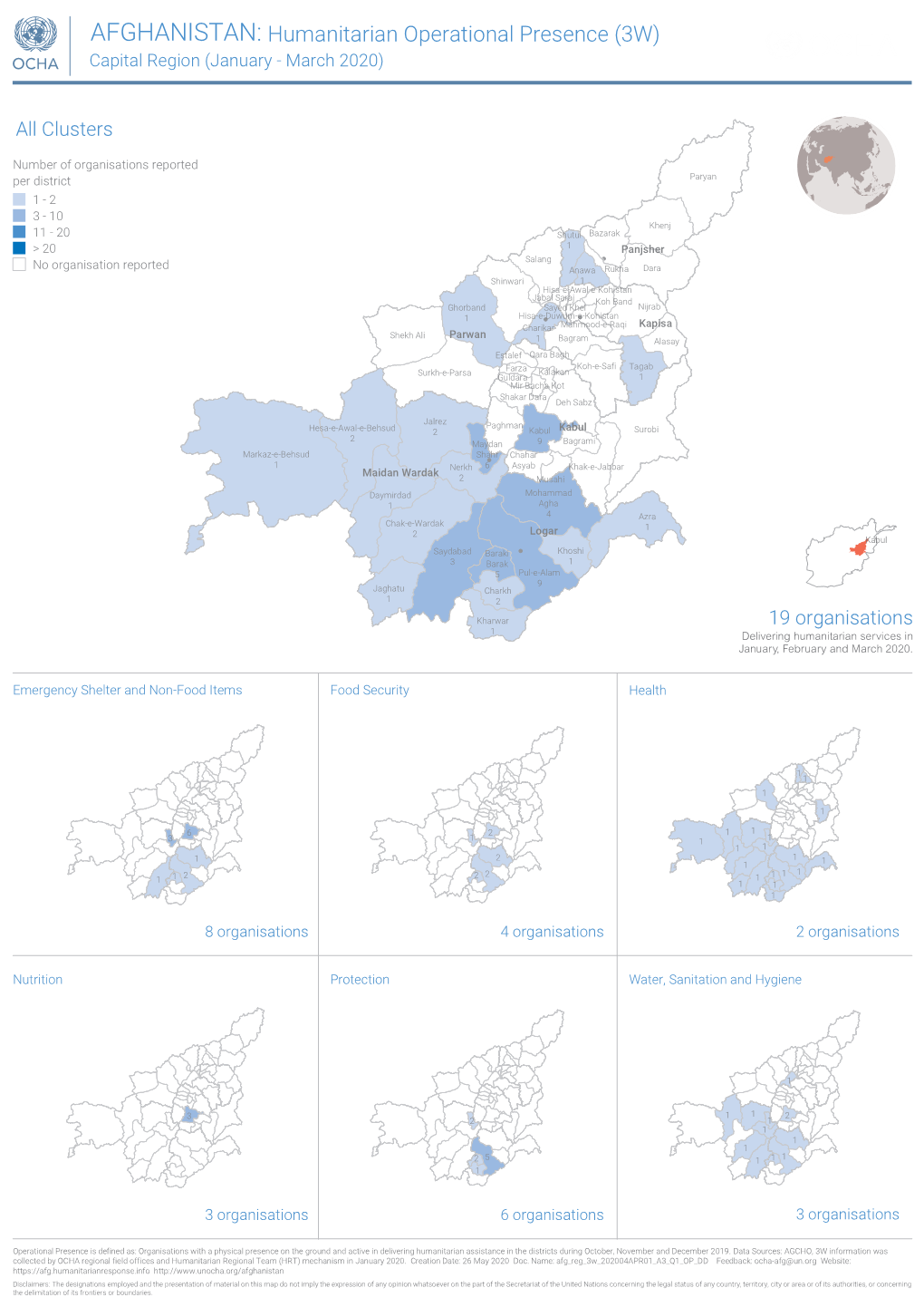 AFGHANISTAN: Humanitarian Operational Presence (3W) Capital Region (January - March 2020)