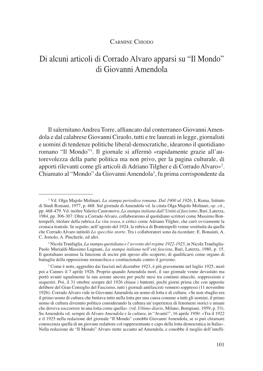 Di Alcuni Articoli Di Corrado Alvaro Apparsi Su «Il Mondo» Di Giovanni Amendola