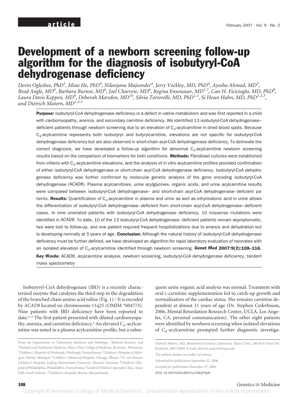 Development of a Newborn Screening Follow-Up Algorithm for The